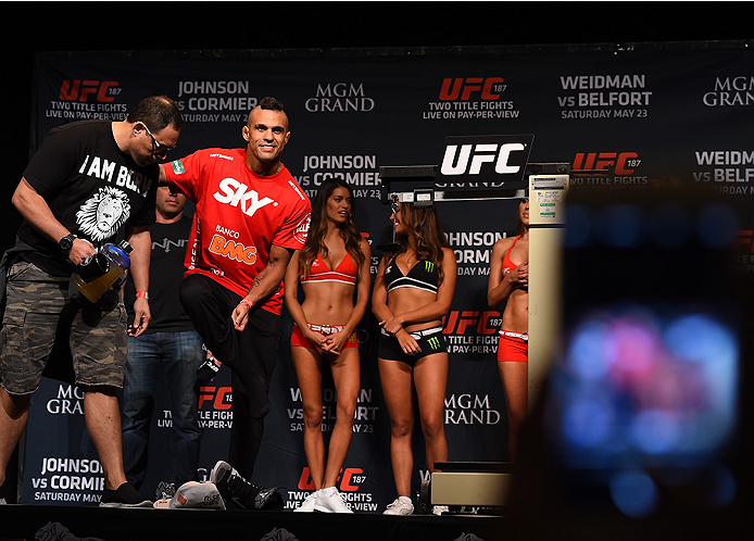 LAS VEGAS, NV - MAY 22:   Vitor Belfort of Brazil prepares to weigh in during the UFC 187 weigh-in at the MGM Grand Conference Center on May 2, 2015 in Las Vegas, Nevada. (Photo by Josh Hedges/Zuffa LLC/Zuffa LLC via Getty Images)