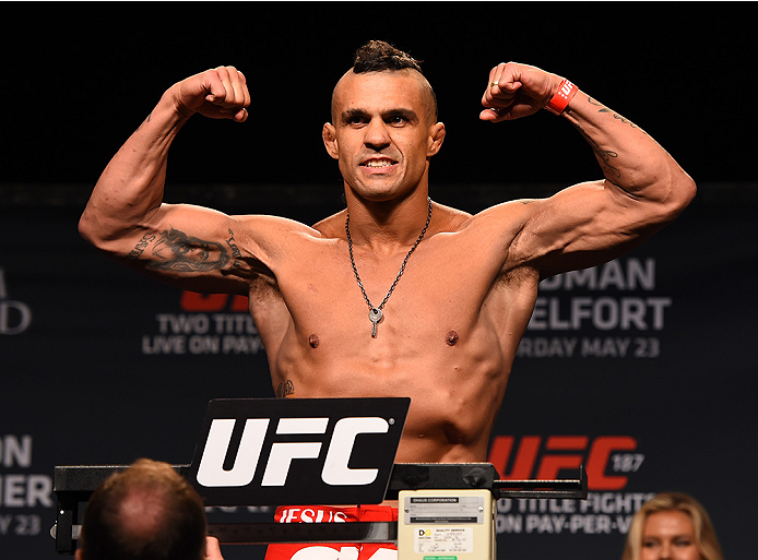 LAS VEGAS, NV - MAY 22:   Vitor Belfort of Brazil weighs in during the UFC 187 weigh-in at the MGM Grand Conference Center on May 2, 2015 in Las Vegas, Nevada. (Photo by Josh Hedges/Zuffa LLC/Zuffa LLC via Getty Images)