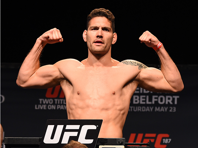 LAS VEGAS, NV - MAY 22:   UFC middleweight champion Chris Weidman weighs in during the UFC 187 weigh-in at the MGM Grand Conference Center on May 2, 2015 in Las Vegas, Nevada. (Photo by Josh Hedges/Zuffa LLC/Zuffa LLC via Getty Images)