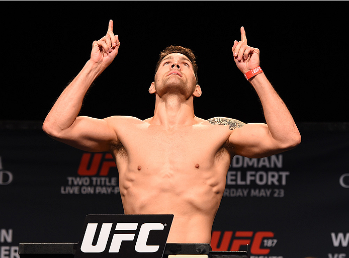 LAS VEGAS, NV - MAY 22:   UFC middleweight champion Chris Weidman weighs in during the UFC 187 weigh-in at the MGM Grand Conference Center on May 2, 2015 in Las Vegas, Nevada. (Photo by Josh Hedges/Zuffa LLC/Zuffa LLC via Getty Images)