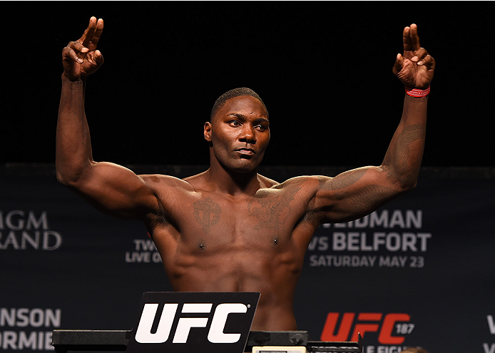 LAS VEGAS, NV - MAY 22:   Anthony 'Rumble' Johnson weighs in during the UFC 187 weigh-in at the MGM Grand Conference Center on May 2, 2015 in Las Vegas, Nevada. (Photo by Josh Hedges/Zuffa LLC/Zuffa LLC via Getty Images)