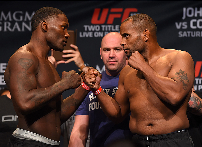 LAS VEGAS, NV - MAY 22:   (L-R) Opponents Anthony 'Rumble' Johnson and Daniel Cormier face off during the UFC 187 weigh-in at the MGM Grand Conference Center on May 2, 2015 in Las Vegas, Nevada. (Photo by Josh Hedges/Zuffa LLC/Zuffa LLC via Getty Images)