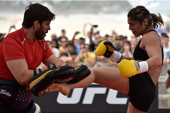RIO DE JANEIRO, BRAZIL - JULY 29: Womens bantamweight contender Bethe Correia of Brazil holds an open training session at Pepe Beach on July 29, 2015 in Rio de Janeiro, Brazil. (Photo by Buda Mendes/Zuffa LLC/Zuffa LLC via Getty Images)