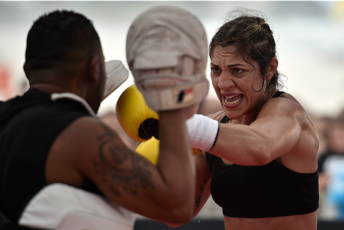 RIO DE JANEIRO, BRAZIL - JULY 29: Womens bantamweight contender Bethe Correia of Brazil holds an open training session at Pepe Beach on July 29, 2015 in Rio de Janeiro, Brazil. (Photo by Buda Mendes/Zuffa LLC/Zuffa LLC via Getty Images)