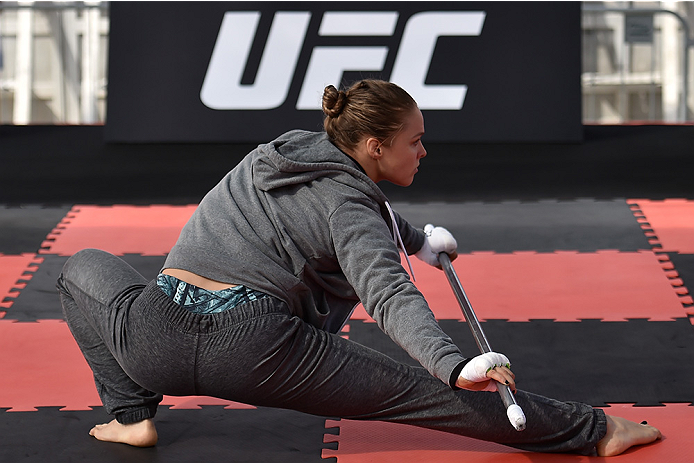 RIO DE JANEIRO, BRAZIL - JULY 29: Womens bantamweight champion Ronda Rousey of the United States holds an open training session at Pepe Beach on July 29, 2015 in Rio de Janeiro, Brazil. (Photo by Buda Mendes/Zuffa LLC/Zuffa LLC via Getty Images)