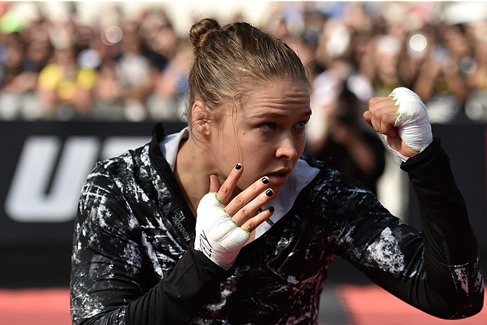 RIO DE JANEIRO, BRAZIL - JULY 29: Womens bantamweight champion Ronda Rousey of the United States holds an open training session at Pepe Beach on July 29, 2015 in Rio de Janeiro, Brazil. (Photo by Buda Mendes/Zuffa LLC/Zuffa LLC via Getty Images)