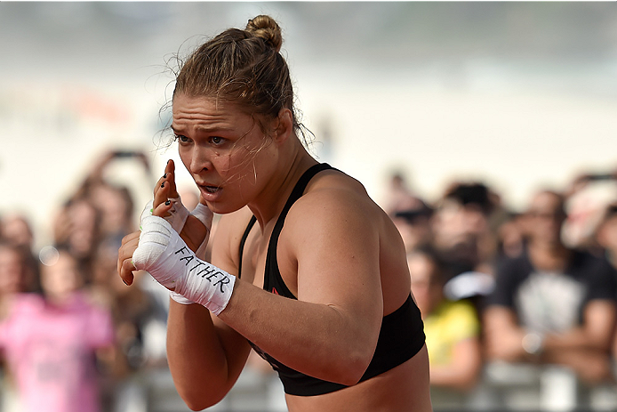 RIO DE JANEIRO, BRAZIL - JULY 29:  Womens bantamweight champion Ronda Rousey of the United States holds an open training session at Pepe Beach on July 29, 2015 in Rio de Janeiro, Brazil.  (Photo by Buda Mendes/Zuffa LLC/Zuffa LLC via Getty Images)