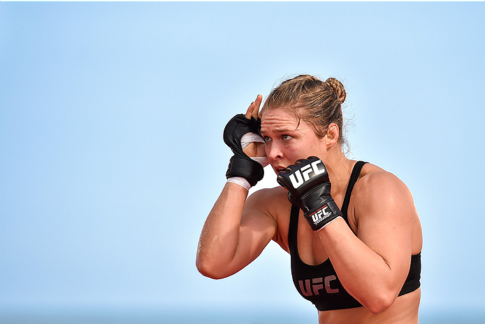 RIO DE JANEIRO, BRAZIL - JULY 29:  Womens bantamweight champion Ronda Rousey of the United States holds an open training session at Pepe Beach on July 29, 2015 in Rio de Janeiro, Brazil.  (Photo by Buda Mendes/Zuffa LLC/Zuffa LLC via Getty Images)