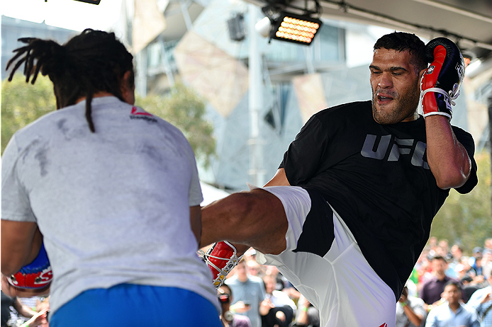 MELBOURNE, AUSTRALIA - NOVEMBER 12:  Antonio 'Bigfoot' Silva of Brazil holds an open workout for fans and media at Federation Square on November 12, 2015 in Melbourne, Australia. (Photo by Josh Hedges/Zuffa LLC/Zuffa LLC via Getty Images)