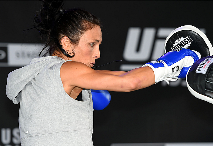 MELBOURNE, AUSTRALIA - NOVEMBER 12:  Valerie Letourneau of Canada holds an open workout for fans and media at Federation Square on November 12, 2015 in Melbourne, Australia. (Photo by Josh Hedges/Zuffa LLC/Zuffa LLC via Getty Images)