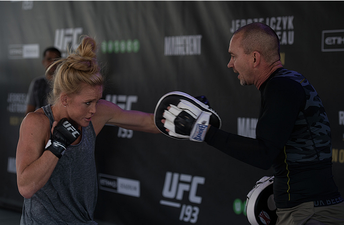 MELBOURNE, AUSTRALIA - NOVEMBER 12:  Holly Holm of the United States holds an open workout for fans and media at Federation Square on November 12, 2015 in Melbourne, Australia. (Photo by Brandon Magnus/Zuffa LLC/Zuffa LLC via Getty Images)