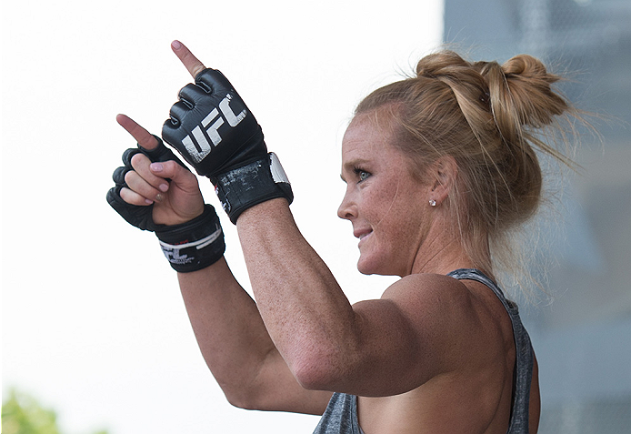 MELBOURNE, AUSTRALIA - NOVEMBER 12:  Holly Holm of the United States holds an open workout for fans and media at Federation Square on November 12, 2015 in Melbourne, Australia. (Photo by Brandon Magnus/Zuffa LLC/Zuffa LLC via Getty Images)
