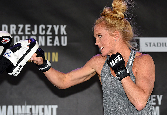 MELBOURNE, AUSTRALIA - NOVEMBER 12:  Holly Holm of the United States holds an open workout for fans and media at Federation Square on November 12, 2015 in Melbourne, Australia. (Photo by Josh Hedges/Zuffa LLC/Zuffa LLC via Getty Images)