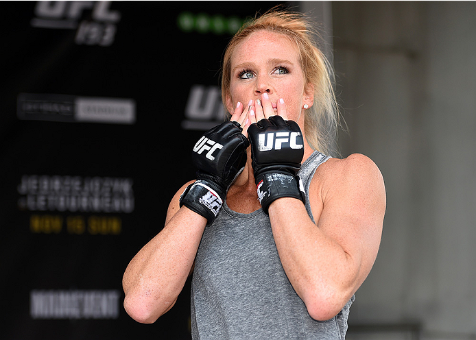 MELBOURNE, AUSTRALIA - NOVEMBER 12:  Holly Holm of the United States holds an open workout for fans and media at Federation Square on November 12, 2015 in Melbourne, Australia. (Photo by Josh Hedges/Zuffa LLC/Zuffa LLC via Getty Images)
