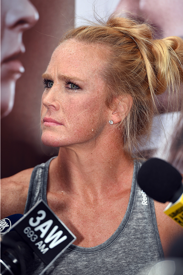 MELBOURNE, AUSTRALIA - NOVEMBER 12:  Holly Holm of the United States interacts with media after an open workout for fans and media at Federation Square on November 12, 2015 in Melbourne, Australia. (Photo by Josh Hedges/Zuffa LLC/Zuffa LLC via Getty Image