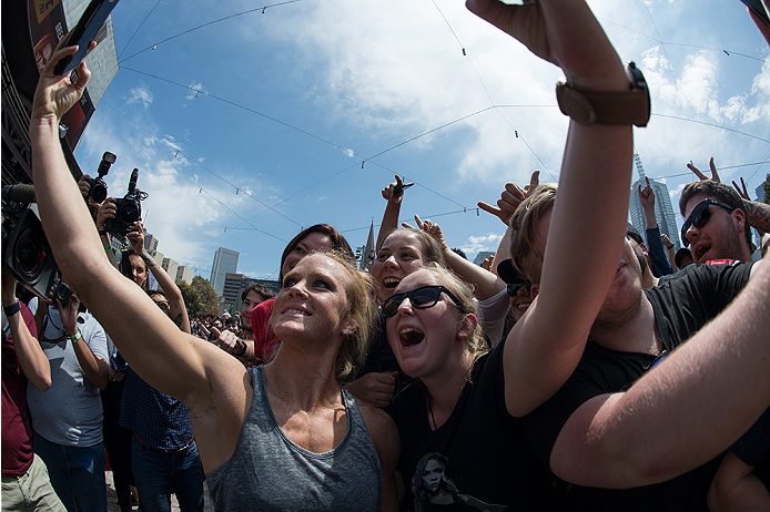 MELBOURNE, AUSTRALIA - NOVEMBER 12:  Holly Holm of the United States takes pictures with fans at Federation Square on November 12, 2015 in Melbourne, Australia. (Photo by Brandon Magnus/Zuffa LLC/Zuffa LLC via Getty Images)