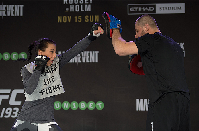 MELBOURNE, AUSTRALIA - NOVEMBER 12:  UFC women's strawweight champion Joanna Jedrzejczyk of Poland holds an open workout for fans and media at Federation Square on November 12, 2015 in Melbourne, Australia. (Photo by Brandon Magnus/Zuffa LLC/Zuffa LLC via