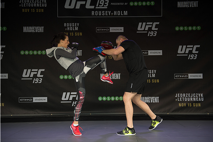 MELBOURNE, AUSTRALIA - NOVEMBER 12:  UFC women's strawweight champion Joanna Jedrzejczyk of Poland holds an open workout for fans and media at Federation Square on November 12, 2015 in Melbourne, Australia. (Photo by Brandon Magnus/Zuffa LLC/Zuffa LLC via