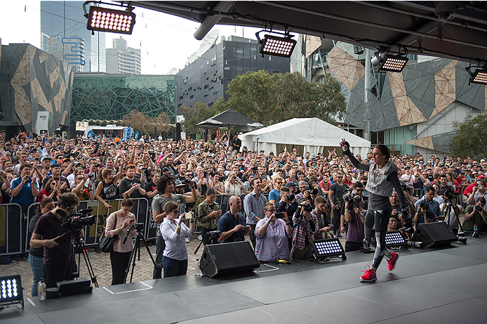 MELBOURNE, AUSTRALIA - NOVEMBER 12:  UFC women's strawweight champion Joanna Jedrzejczyk of Poland holds an open workout for fans and media at Federation Square on November 12, 2015 in Melbourne, Australia. (Photo by Brandon Magnus/Zuffa LLC/Zuffa LLC via