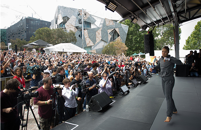 MELBOURNE, AUSTRALIA - NOVEMBER 12:  UFC women's bantamweight champion Ronda Rousey of the United States holds an open workout for fans and media at Federation Square on November 12, 2015 in Melbourne, Australia. (Photo by Brandon Magnus/Zuffa LLC/Zuffa L