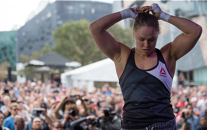 MELBOURNE, AUSTRALIA - NOVEMBER 12:  UFC women's bantamweight champion Ronda Rousey of the United States holds an open workout for fans and media at Federation Square on November 12, 2015 in Melbourne, Australia. (Photo by Brandon Magnus/Zuffa LLC/Zuffa L