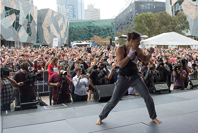MELBOURNE, AUSTRALIA - NOVEMBER 12:  UFC women's bantamweight champion Ronda Rousey of the United States holds an open workout for fans and media at Federation Square on November 12, 2015 in Melbourne, Australia. (Photo by Brandon Magnus/Zuffa LLC/Zuffa L