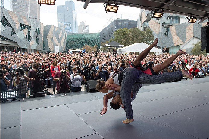 MELBOURNE, AUSTRALIA - NOVEMBER 12:  UFC women's bantamweight champion Ronda Rousey of the United States holds an open workout for fans and media at Federation Square on November 12, 2015 in Melbourne, Australia. (Photo by Brandon Magnus/Zuffa LLC/Zuffa L