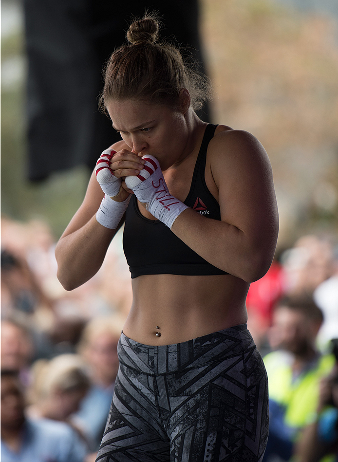 MELBOURNE, AUSTRALIA - NOVEMBER 12:  UFC women's bantamweight champion Ronda Rousey of the United States holds an open workout for fans and media at Federation Square on November 12, 2015 in Melbourne, Australia. (Photo by Brandon Magnus/Zuffa LLC/Zuffa L