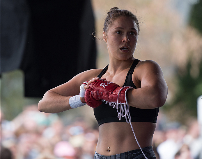 MELBOURNE, AUSTRALIA - NOVEMBER 12:  UFC women's bantamweight champion Ronda Rousey of the United States holds an open workout for fans and media at Federation Square on November 12, 2015 in Melbourne, Australia. (Photo by Brandon Magnus/Zuffa LLC/Zuffa L
