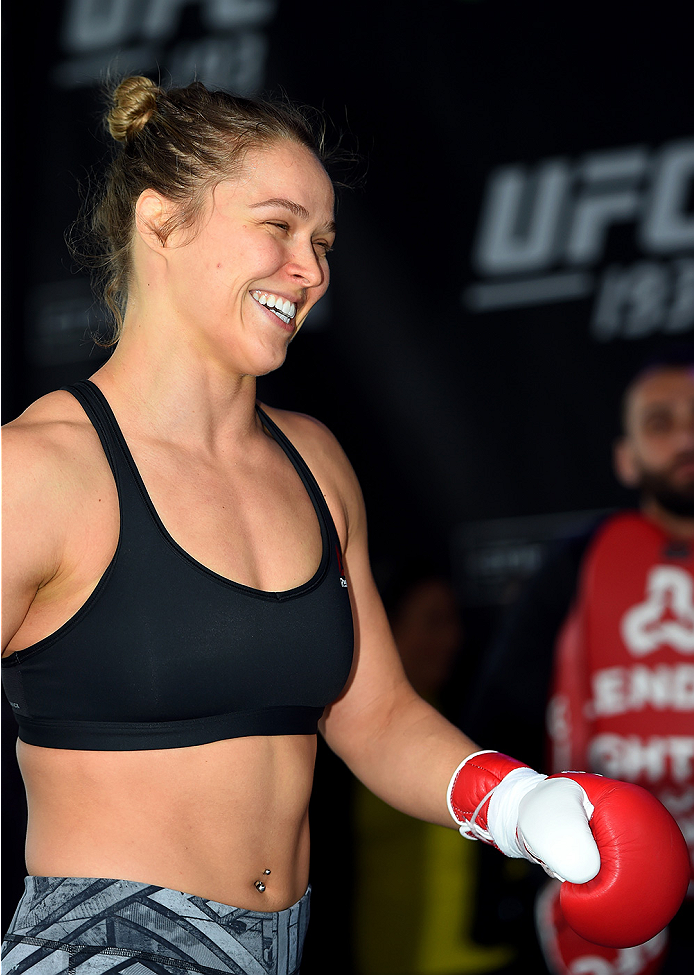MELBOURNE, AUSTRALIA - NOVEMBER 12:  UFC women's bantamweight champion Ronda Rousey of the United States holds an open workout for fans and media at Federation Square on November 12, 2015 in Melbourne, Australia. (Photo by Josh Hedges/Zuffa LLC/Zuffa LLC 