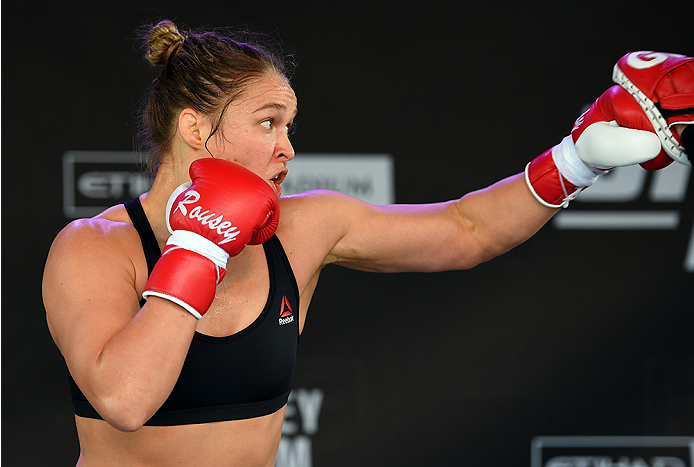 MELBOURNE, AUSTRALIA - NOVEMBER 12:  UFC women's bantamweight champion Ronda Rousey of the United States holds an open workout for fans and media at Federation Square on November 12, 2015 in Melbourne, Australia. (Photo by Josh Hedges/Zuffa LLC/Zuffa LLC 