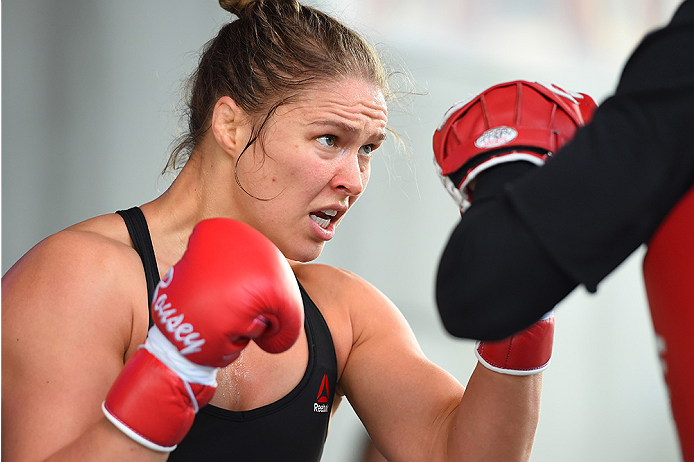 MELBOURNE, AUSTRALIA - NOVEMBER 12:  UFC women's bantamweight champion Ronda Rousey of the United States holds an open workout for fans and media at Federation Square on November 12, 2015 in Melbourne, Australia. (Photo by Josh Hedges/Zuffa LLC/Zuffa LLC 