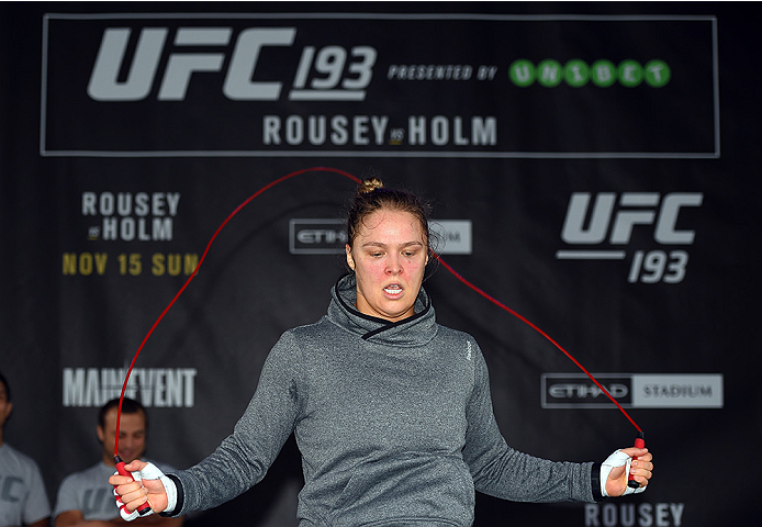 MELBOURNE, AUSTRALIA - NOVEMBER 12:  UFC women's bantamweight champion Ronda Rousey of the United States holds an open workout for fans and media at Federation Square on November 12, 2015 in Melbourne, Australia. (Photo by Josh Hedges/Zuffa LLC/Zuffa LLC 