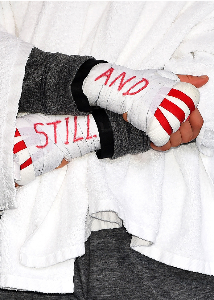 MELBOURNE, AUSTRALIA - NOVEMBER 12:  A detail view of the hand wraps of UFC women's bantamweight champion Ronda Rousey of the United States after her open workout for fans and media at Federation Square on November 12, 2015 in Melbourne, Australia. (Photo