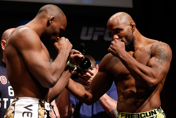 SAN JOSE, CA - APRIL 19: (L-R) Opponents Clifford Starks and Yoel Romero face off during the UFC on FOX weigh-in at the California Theatre on April 19, 2013 in San Jose, California. (Photo by Josh Hedges/Zuffa LLC/Zuffa LLC via Getty Images)