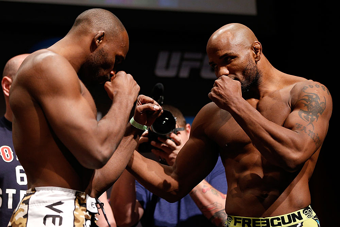 SAN JOSE, CA - APRIL 19:   (L-R) Opponents Clifford Starks and Yoel Romero face off during the UFC on FOX weigh-in at the California Theatre on April 19, 2013 in San Jose, California.  (Photo by Josh Hedges/Zuffa LLC/Zuffa LLC via Getty Images)