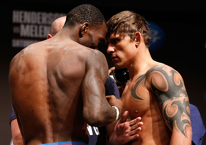 SAN JOSE, CA - APRIL 19: (L-R) Opponents Anthony Njokuani and Roger Bowling face off during the UFC on FOX weigh-in at the California Theatre on April 19, 2013 in San Jose, California. (Photo by Josh Hedges/Zuffa LLC/Zuffa LLC via Getty Images)