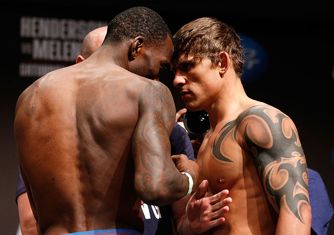 SAN JOSE, CA - APRIL 19:   (L-R) Opponents Anthony Njokuani and Roger Bowling face off during the UFC on FOX weigh-in at the California Theatre on April 19, 2013 in San Jose, California.  (Photo by Josh Hedges/Zuffa LLC/Zuffa LLC via Getty Images)