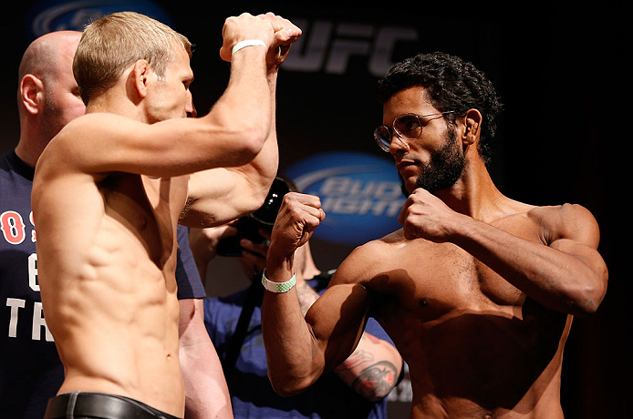 SAN JOSE, CA - APRIL 19: (L-R) Opponents T.J. Dillashaw and Hugo "Wolverine" Viana face off during the UFC on FOX weigh-in at the California Theatre on April 19, 2013 in San Jose, California. (Photo by Josh Hedges/Zuffa LLC/Zuffa LLC via Getty Images)