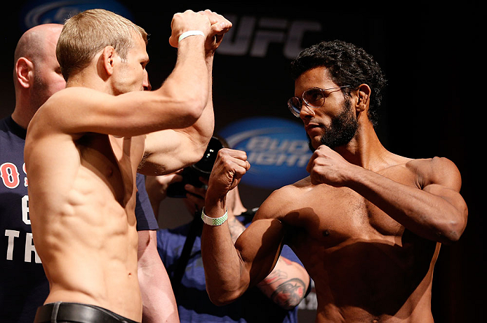 SAN JOSE, CA - APRIL 19:   (L-R) Opponents T.J. Dillashaw and Hugo "Wolverine" Viana face off during the UFC on FOX weigh-in at the California Theatre on April 19, 2013 in San Jose, California.  (Photo by Josh Hedges/Zuffa LLC/Zuffa LLC via Getty Images)