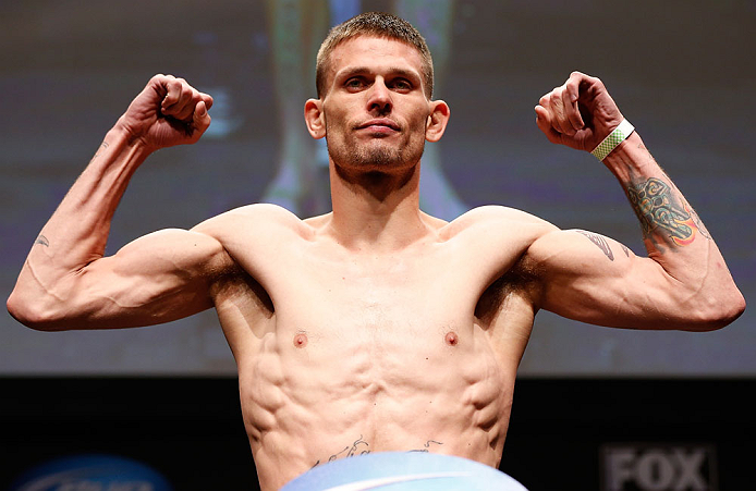 SAN JOSE, CA - APRIL 19:   Tim Means weighs in during the UFC on FOX weigh-in at the California Theatre on April 19, 2013 in San Jose, California.  (Photo by Josh Hedges/Zuffa LLC/Zuffa LLC via Getty Images)