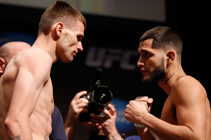 SAN JOSE, CA - APRIL 19: (L-R) Opponents Tim Means and Jorge Masvidal face off during the UFC on FOX weigh-in at the California Theatre on April 19, 2013 in San Jose, California. (Photo by Josh Hedges/Zuffa LLC/Zuffa LLC via Getty Images)