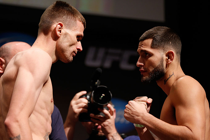 SAN JOSE, CA - APRIL 19:   (L-R) Opponents Tim Means and Jorge Masvidal face off during the UFC on FOX weigh-in at the California Theatre on April 19, 2013 in San Jose, California.  (Photo by Josh Hedges/Zuffa LLC/Zuffa LLC via Getty Images)