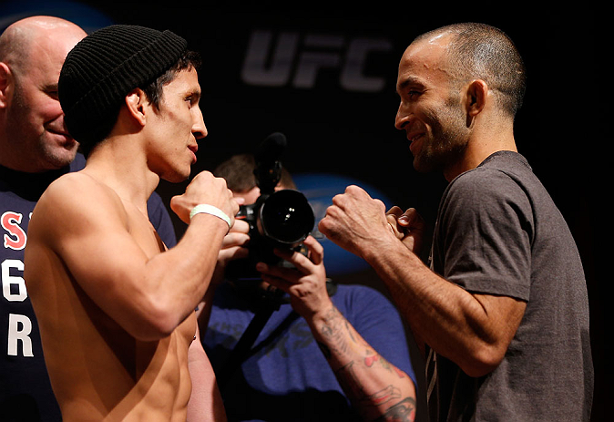 SAN JOSE, CA - APRIL 19: (L-R) Opponents Joseph Benavidez and Darren Uyenoyama face off during the UFC on FOX weigh-in at the California Theatre on April 19, 2013 in San Jose, California. (Photo by Josh Hedges/Zuffa LLC/Zuffa LLC via Getty Images)