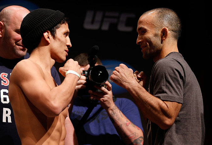 SAN JOSE, CA - APRIL 19:   (L-R) Opponents Joseph Benavidez and Darren Uyenoyama face off during the UFC on FOX weigh-in at the California Theatre on April 19, 2013 in San Jose, California.  (Photo by Josh Hedges/Zuffa LLC/Zuffa LLC via Getty Images)