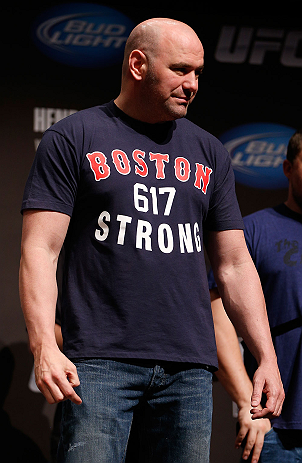 SAN JOSE, CA - APRIL 19: UFC President Dana White is seen on stage wearing a Boston Strong shirt during the UFC on FOX weigh-in at the California Theatre on April 19, 2013 in San Jose, California. (Photo by Josh Hedges/Zuffa LLC/Zuffa LLC via Getty Ima