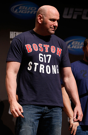 SAN JOSE, CA - APRIL 19:   UFC President Dana White is seen on stage wearing a Boston Strong shirt during the UFC on FOX weigh-in at the California Theatre on April 19, 2013 in San Jose, California.  (Photo by Josh Hedges/Zuffa LLC/Zuffa LLC via Getty Ima