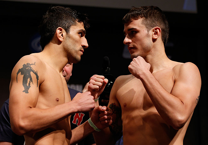 SAN JOSE, CA - APRIL 19: (L-R) Opponents Ramsey Nijem and Myles Jury face off during the UFC on FOX weigh-in at the California Theatre on April 19, 2013 in San Jose, California. (Photo by Josh Hedges/Zuffa LLC/Zuffa LLC via Getty Images)