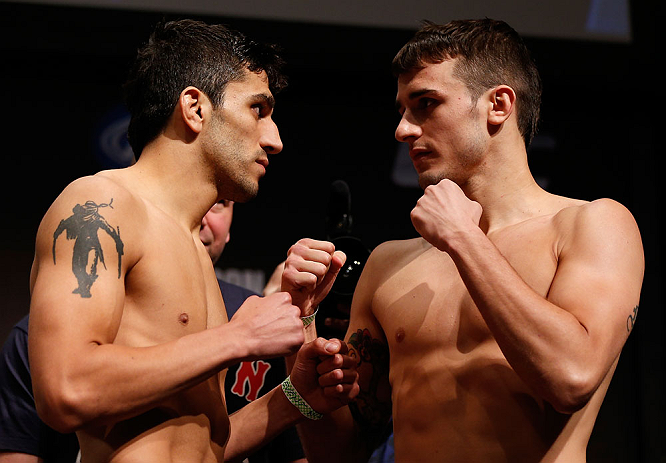 SAN JOSE, CA - APRIL 19:   (L-R) Opponents Ramsey Nijem and Myles Jury face off during the UFC on FOX weigh-in at the California Theatre on April 19, 2013 in San Jose, California.  (Photo by Josh Hedges/Zuffa LLC/Zuffa LLC via Getty Images)