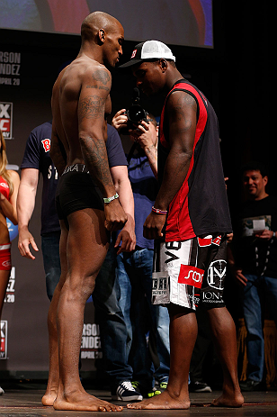 SAN JOSE, CA - APRIL 19: (L-R) Opponents Francis Carmont and Lorenz Larkin face off during the UFC on FOX weigh-in at the California Theatre on April 19, 2013 in San Jose, California. (Photo by Josh Hedges/Zuffa LLC/Zuffa LLC via Getty Images)
